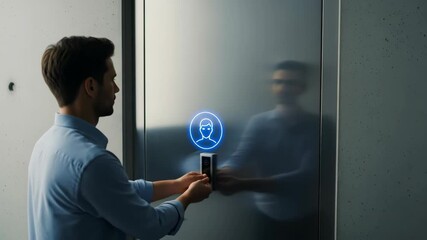 A man uses his smartphone for facial recognition to unlock a smart door in a modern and futuristic high tech security system with a glowing blue icon - Powered by Adobe