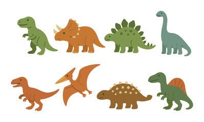 Colorful dinosaur illustrations featuring t-rex, triceratops, stegosaurus, brachiosaurus, velociraptor, pterodactyl, ankylosaurus, spinosaurus