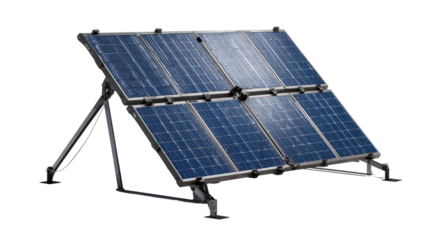 Solar panel array mounted on a tripod-like stand.  A grid of panels faces the viewer.  Metal frame supports the panels