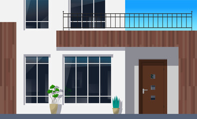 modern house facade exterior entrance door windows wooden decoration vector illustration