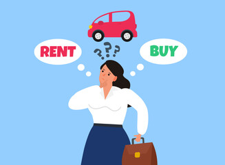 buy or rent car choice thinking business woman making decision vector illustration
