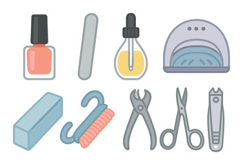Fototapeta premium Nail care tools: polish, file, oil, dryer, buffer, brush, cuticle pusher, clippers, scissors