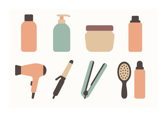 Obraz premium Hair care and styling tools: bottles, dryer, curler, straightener, brush