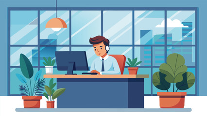 Vector illustration of a modern office with a freelancer using a computer for virtual meetings. A person working at a desk with headphones, Ideal  for work, business, professional, remote lifestyle.