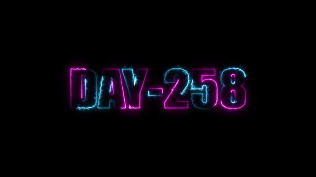 Neon text day-258 animation on black background.calender, text,number, days, date, countdown neon text concept.