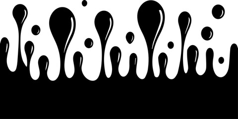 A vector illustration of black liquid dripping, forming various sizes of droplets against a white background. 