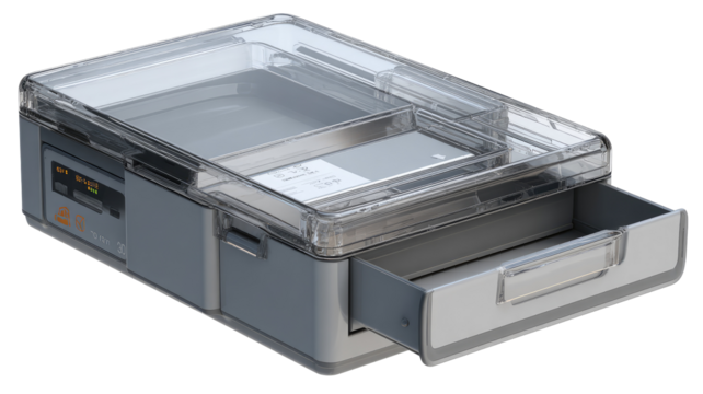 Gray and clear plastic container with a removable drawer.  Internal compartments.  Possible for storing or transporting sensitive items.  Features a transparent lid