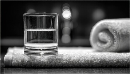 A glass of water and a rolled towel