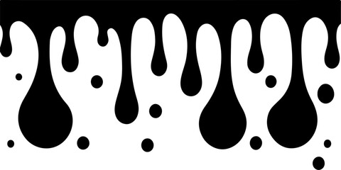A vector illustration of black liquid dripping, forming various sizes of droplets against a white background. 