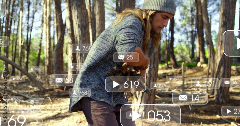 Poster man in grey beanie picking pine cones from stump in pine forest, with digital overlay icons