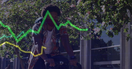 Cycling man wearing bright shirt and backpack pedaling bicycle on city sidewalk, with graph overlay