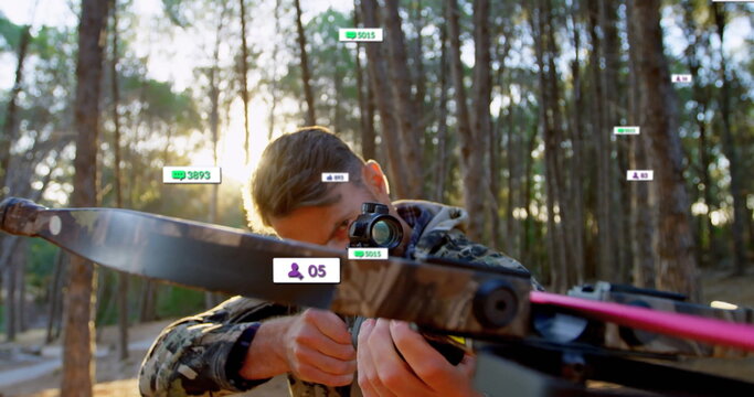 Aiming mature adult male focusing through crossbow scope in pine forest, with floating data labels