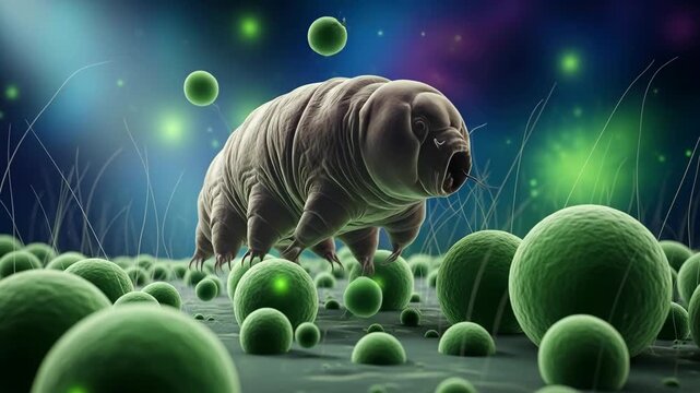 A microscopic view of a resilient tardigrade also known as a water bear explores a colorful and strange alien like environment in this scientific 3d illustration