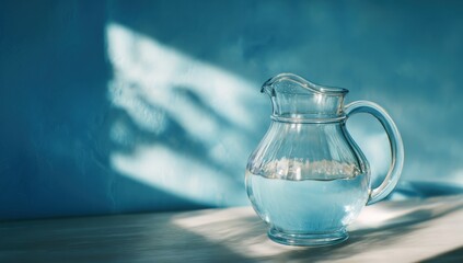 Clear glass pitcher of water on a table against a blue wall