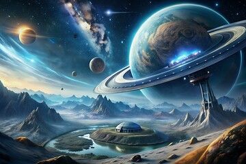 Majestic alien planet landscape with ringed gas giant