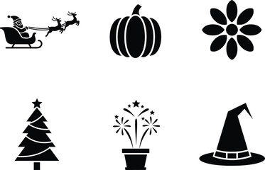 Flat vector illustration of holiday icons including Santa sleigh, pumpkin, flower, Christmas tree, fireworks, witch hat, festive season, celebration, seasonal symbols.