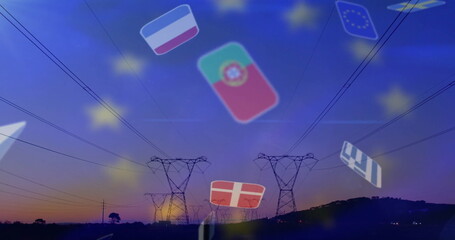 Standing electricity pylons linking power grid across hills at dusk, with flag icons