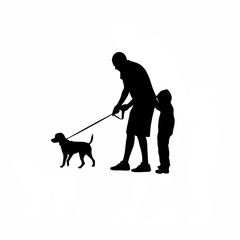 Volunteer protecting child from stray dogs silhouette isolated on white background