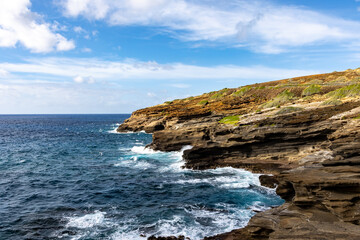Rocky Coastal Cliffs with Ocean Waves in Hawaii - Lanai Lookout Makapuu - Oahu Hawaii