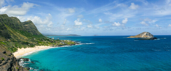 Panoramic View of Hawaiian Island Coast and Ocean - Makapuu Lookout - Oahu Hawaii