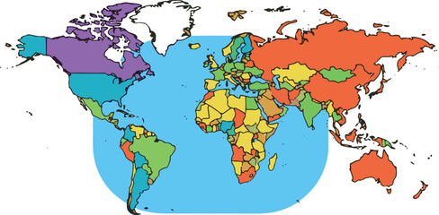Obraz premium A stylized world map is presented, its continents colored in a vibrant palette of hues.