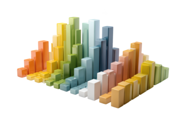 Colorful 3D bar graph with varying heights, representing data trends and visual concepts