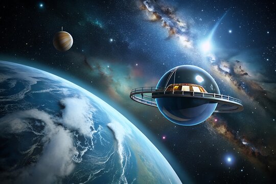 Futuristic spaceship orbits earth near distant moon