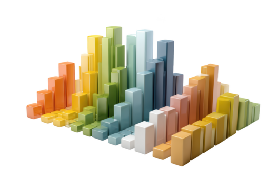 Colorful 3D bar graph with varying heights, representing data trends and visual concepts