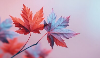 Two vibrant fall leaves, softly lit in a mix of warm and cool tones