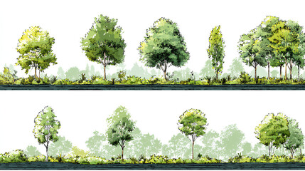set of forest line cad, minimal isolated on white background. Ground cover. Illustration for elevation architectural element, side view, grass section. Turf coating banners for edging. Stock Vector