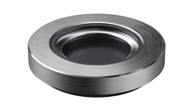 Circular, metallic, industrial component with concentric rings.  Features a smooth, brushed surface.  A dark, inner circle