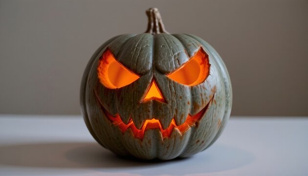 The focal point is a decorated gourd with a menacing face