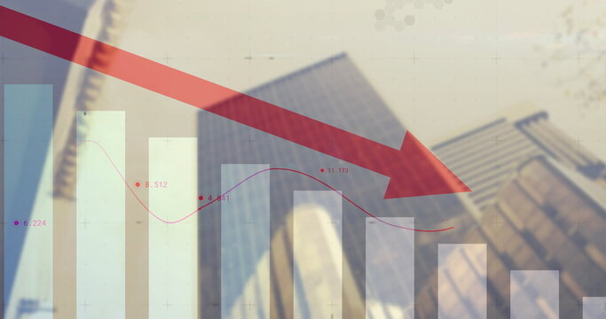 Large red downward arrow spanning urban skyline, with skyscrapers bar chart columns and line graph