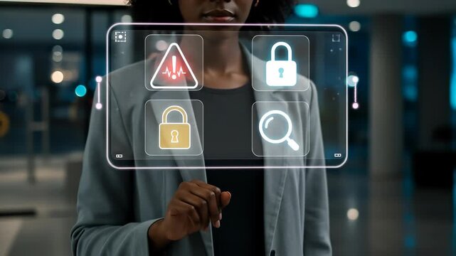 A professional Black businesswoman proactively manages cybersecurity on an advanced holographic interface, ensuring robust data protection and digital privacy for the modern network.