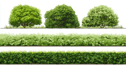 set of shrubs line cad, minimal isolated on white background. Ground cover. Illustration for elevation architectural element, side view, grass section. Turf coating banners for edging Stock Vector