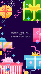Vector holiday banner with gift boxes, fireworks, confetti. Design for party invitation, greeting card, festive poster