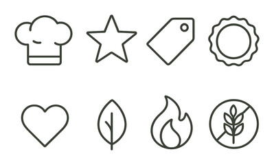 Outline icons on yellow background: chef, star, tag, seal, heart, leaf, flame, wheat