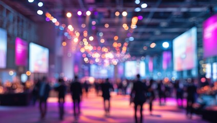 Blurred view of a large convention hall filled with people