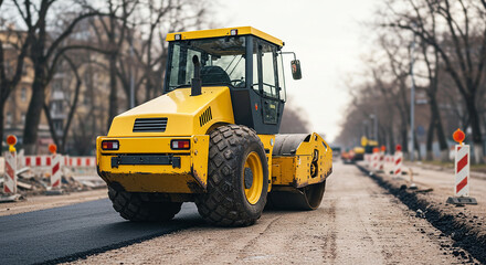 Yellow road roller compacting asphalt on a city street construction site
