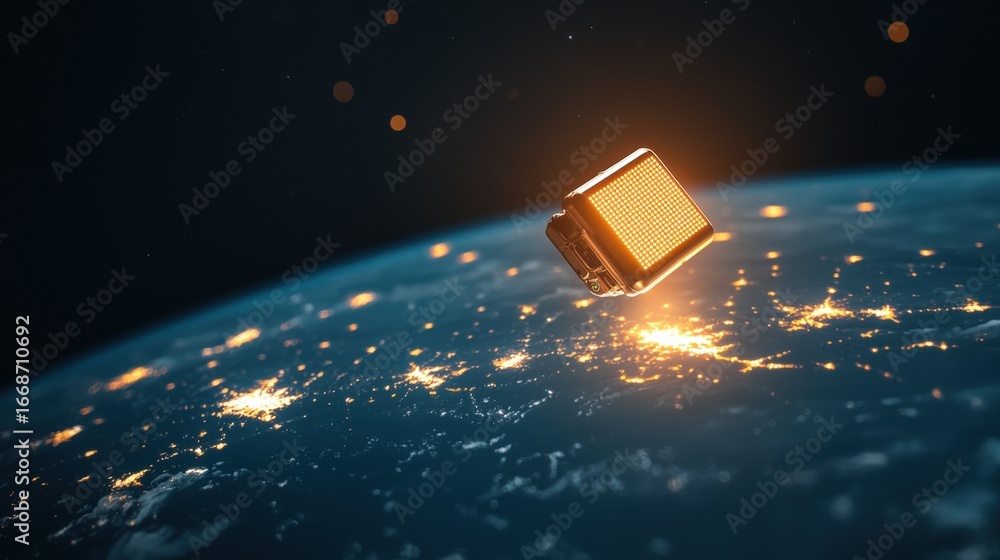 Poster satellite digital map interface with satellite based geolocation technology highlighted.