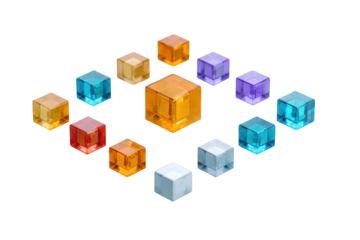 Colorful array of translucent cubes in various hues arranged on a black background