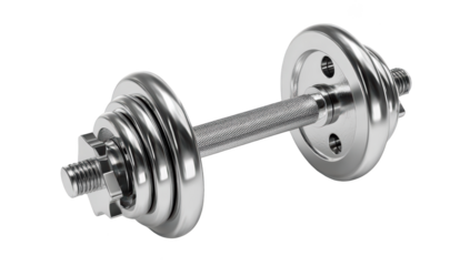 Shiny chrome dumbbell. Weight plates on each end, metal handle. Exercise and fitness