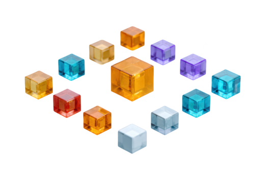 Colorful array of translucent cubes in various hues arranged on a black background