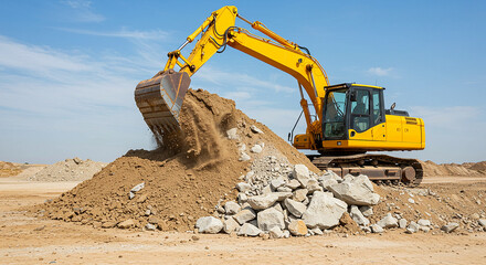 Obraz premium Yellow excavator digging and moving dirt at a construction site