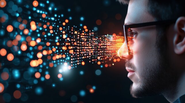 Coding Software engineer focused on coding at a workstation with futuristic digital interface elements.