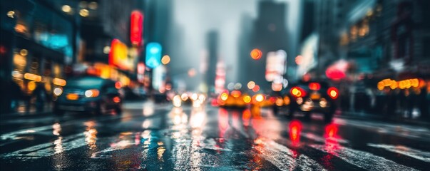 Fototapeta premium Blurry urban street scene at night, wet asphalt