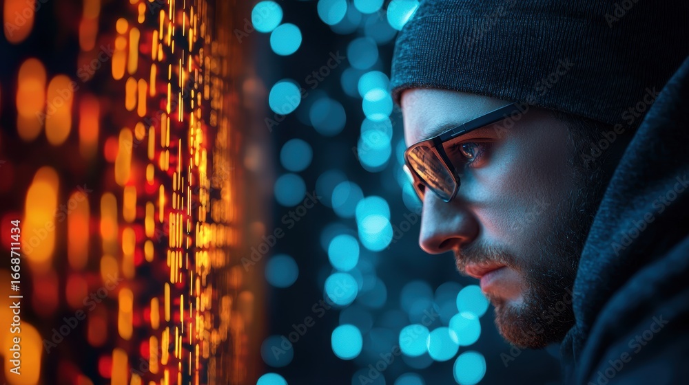 Poster privacy conceptual image of a hacker trying to bypass a firewall security system.