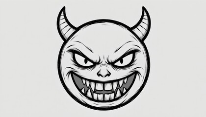 Obraz premium Centered is an illustration of a round, white face with a wide, toothy grin. The eyes are squinted and have dark, furrowed brows