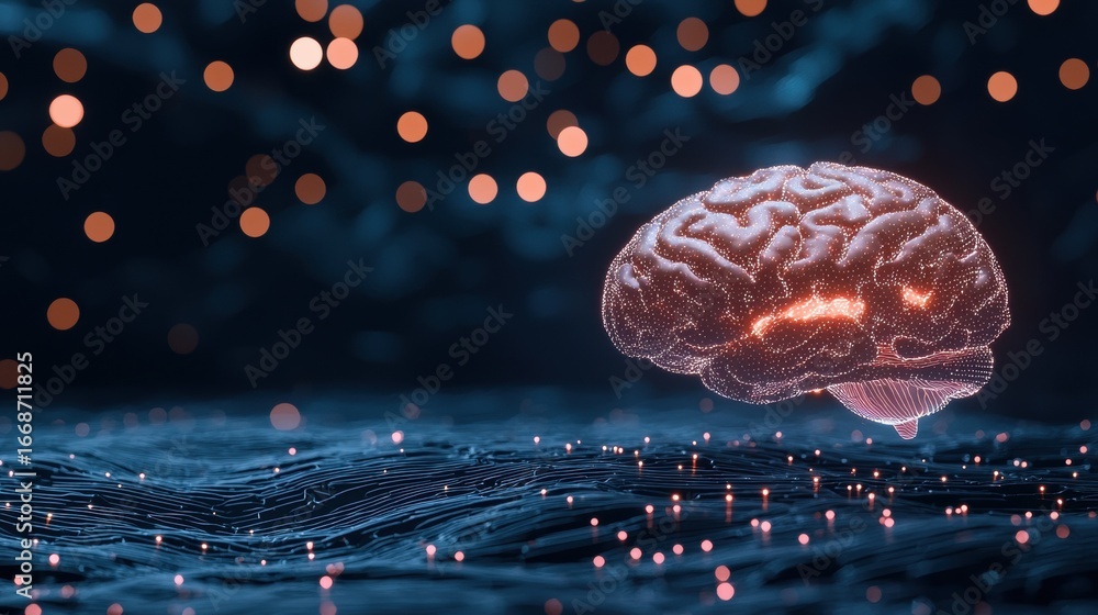 Poster brain human brain with holographic data layers symbolizing cognitive computing.