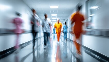 Blurred hospital hallway, medical personnel in motion